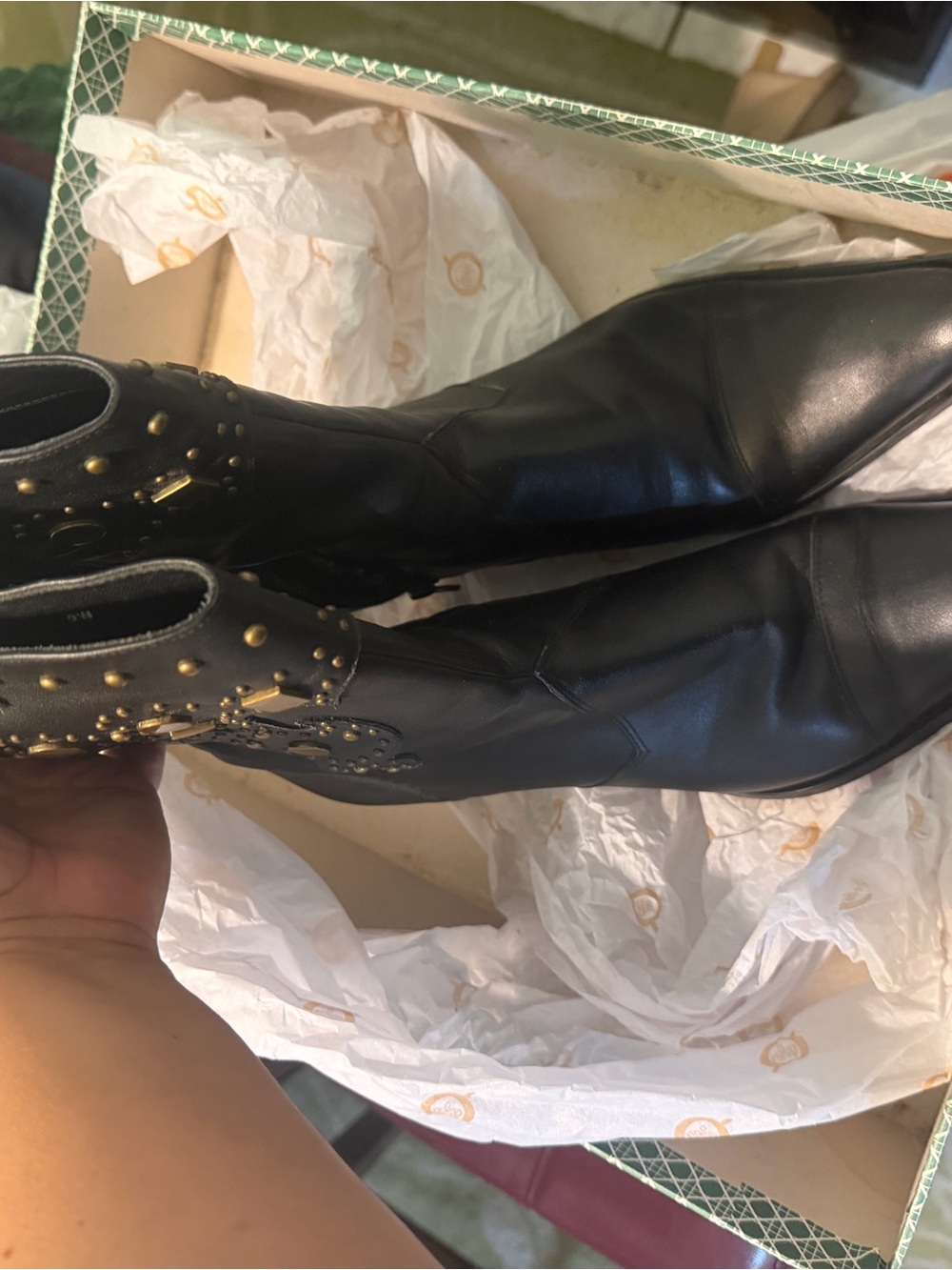 J.Renee Black Leather Ankle Booties with Gold Stud Accents
